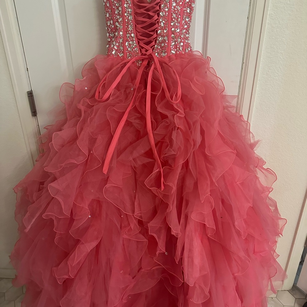 Elegant Pink Ruffled Prom Dress with Sparkling Bodice